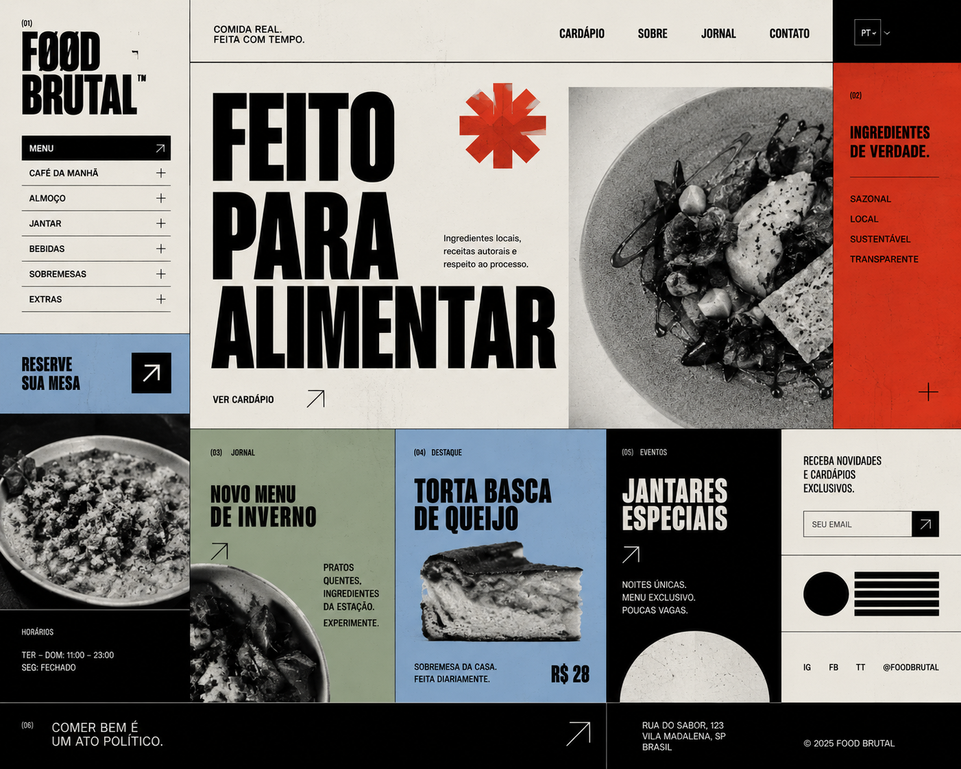 Site de comida fictício com estética neo brutalista, com palavras em destaque e imagens com cores vibrantes